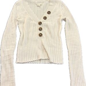Cream Ribbed V-Neck Button Front Sweater